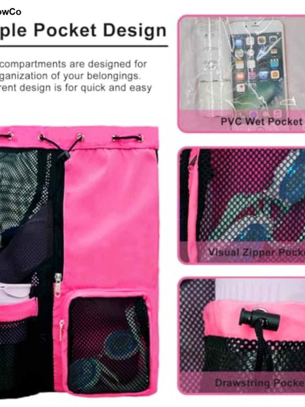 Drawstring Mesh Backpack with Wet Pocket, Waterproof Nylon Polyester Gym Pool - Picture 2 of 5
